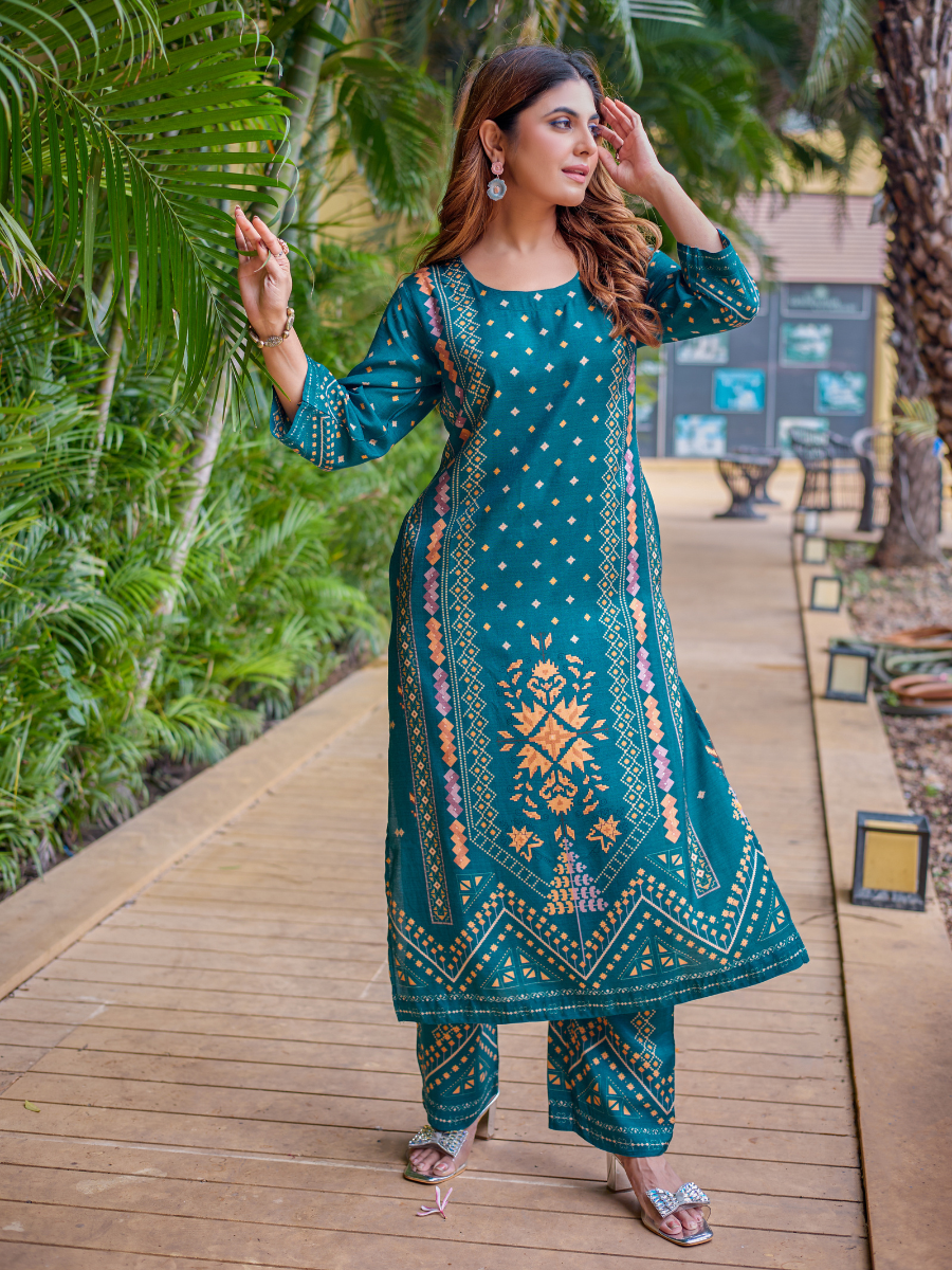 Sanjh Teal Pure Muslin Co-ord Set /Pant Set